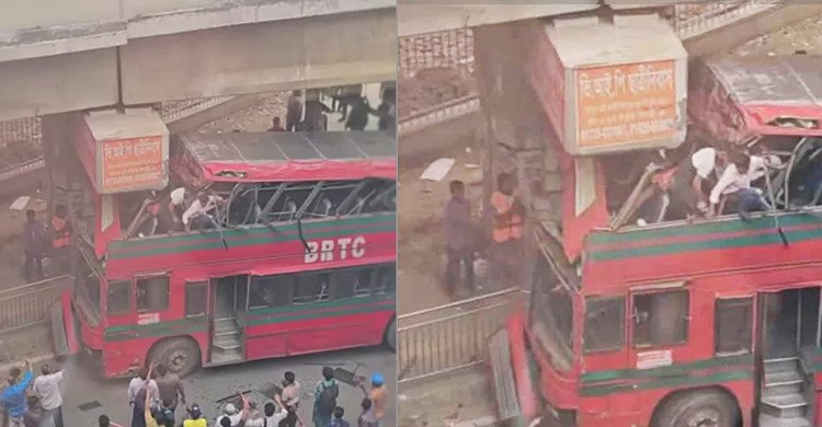 রাজধানীর ফার্মগেটে এক্সপ্রেসওয়ের পিলারে বিআরটিসি দোতলা বাসের ধাক্কা (ভিডিও)